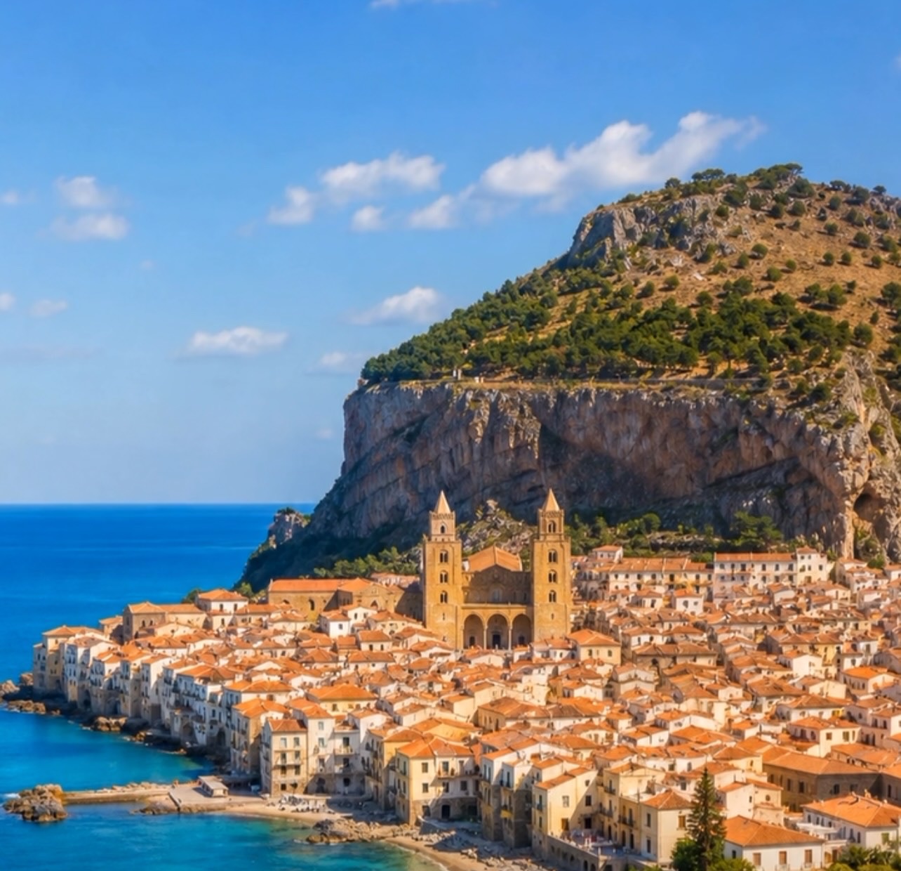 The coastal town of Cefalù beneath its rocky headland