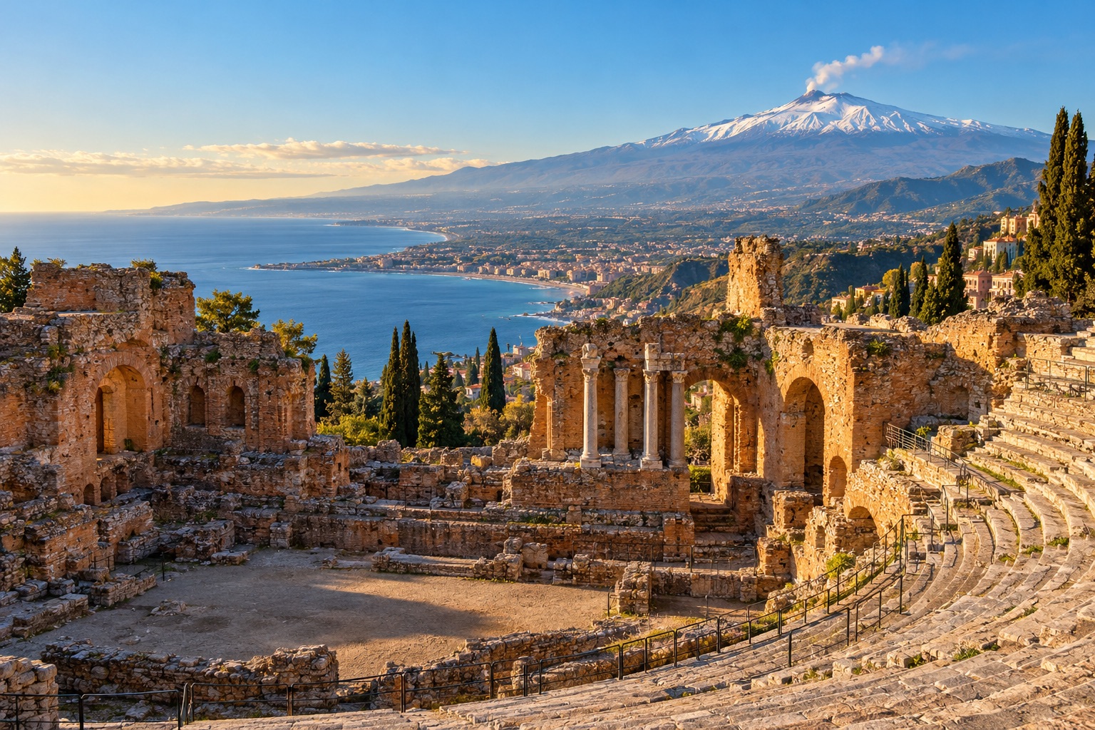 Ruins of Taormina's ancient Greek Theatre overlooking the coast and Mount Etna